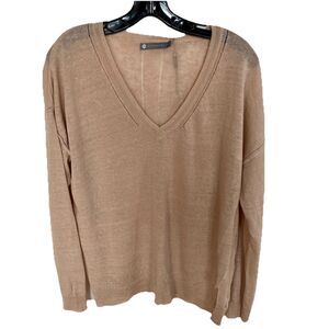 In Cashmere Women's V Neck 100% Linen Pullover Sweater Warm Ivory Color XL NWT